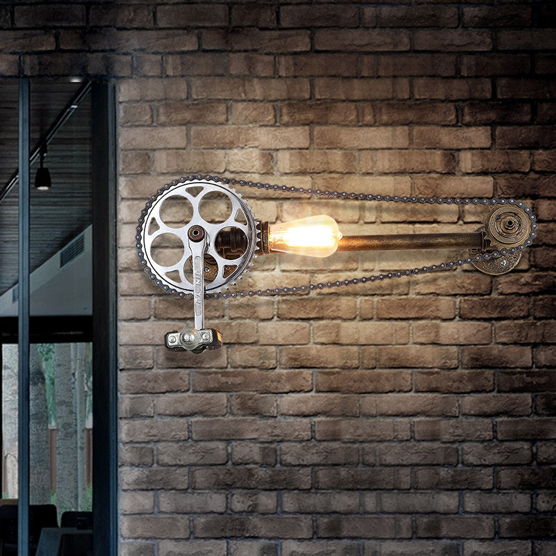 Vintage Industrial Bicycle Gear Wall Sconce, Metal Pipe Wall Lamp with Chain Wheel Design, E27 Single Light Fixture for Bar, Cafe, Restaurant, Living Room, Hallway