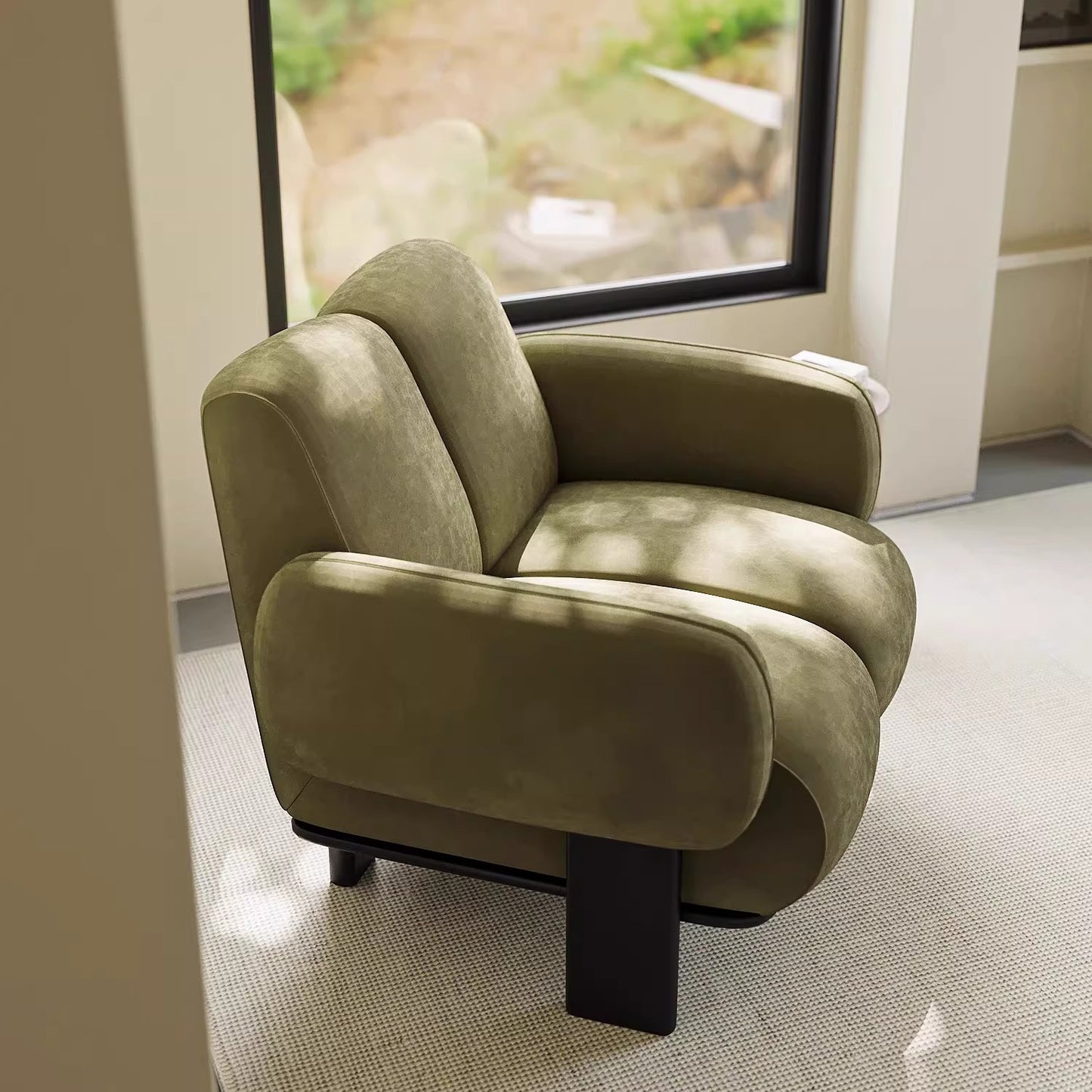 Olive Green Chenille Accent Chair with Padded Arms and Steel Frame