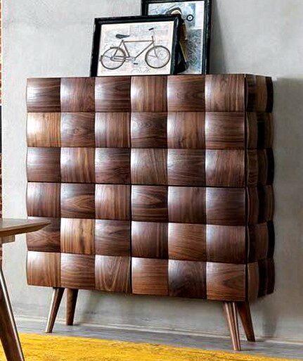 Walnut Sideboard Buffet Cabinet, Mid Century Modern Accent Cabinet with Raised 3D Checkerboard Doors, Tall Storage Credenza for Dining Room, Living Room and Entryway