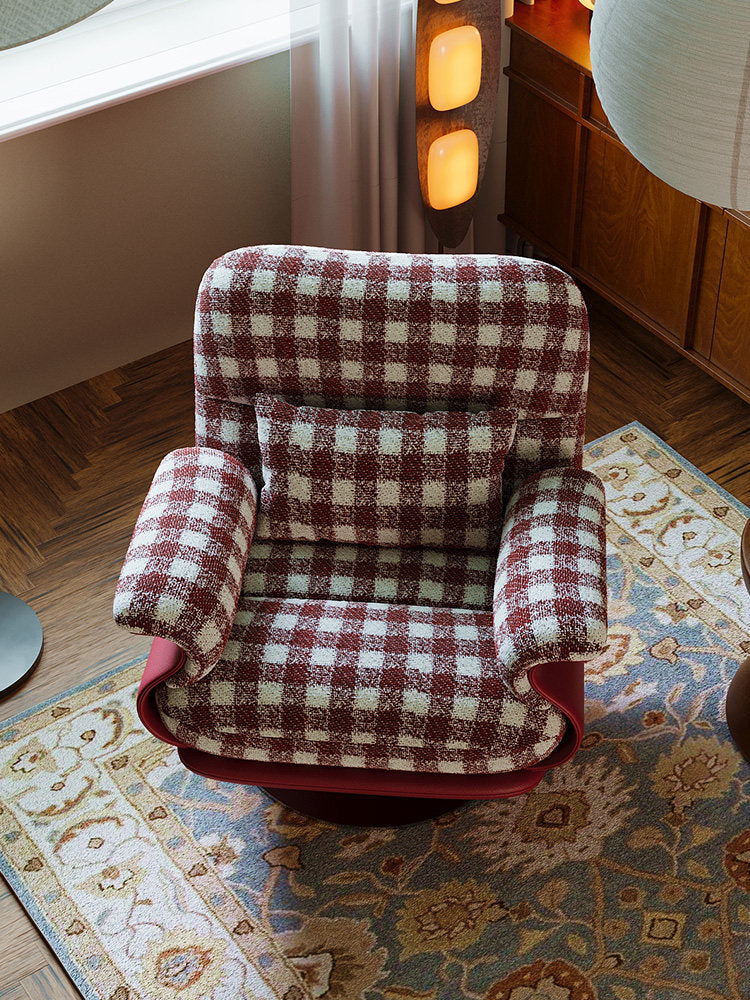 Red Plaid Swivel Accent Chair with Cushioned Arms and Metal Base