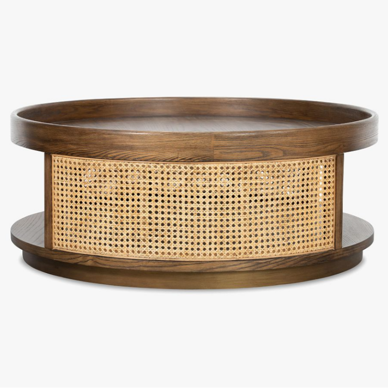 Round Wood Rattan Coffee Table, Cane Woven Center Table with Lower Storage Shelf for Living Room, Hotel, Villa, Farmhouse Lounge Decor