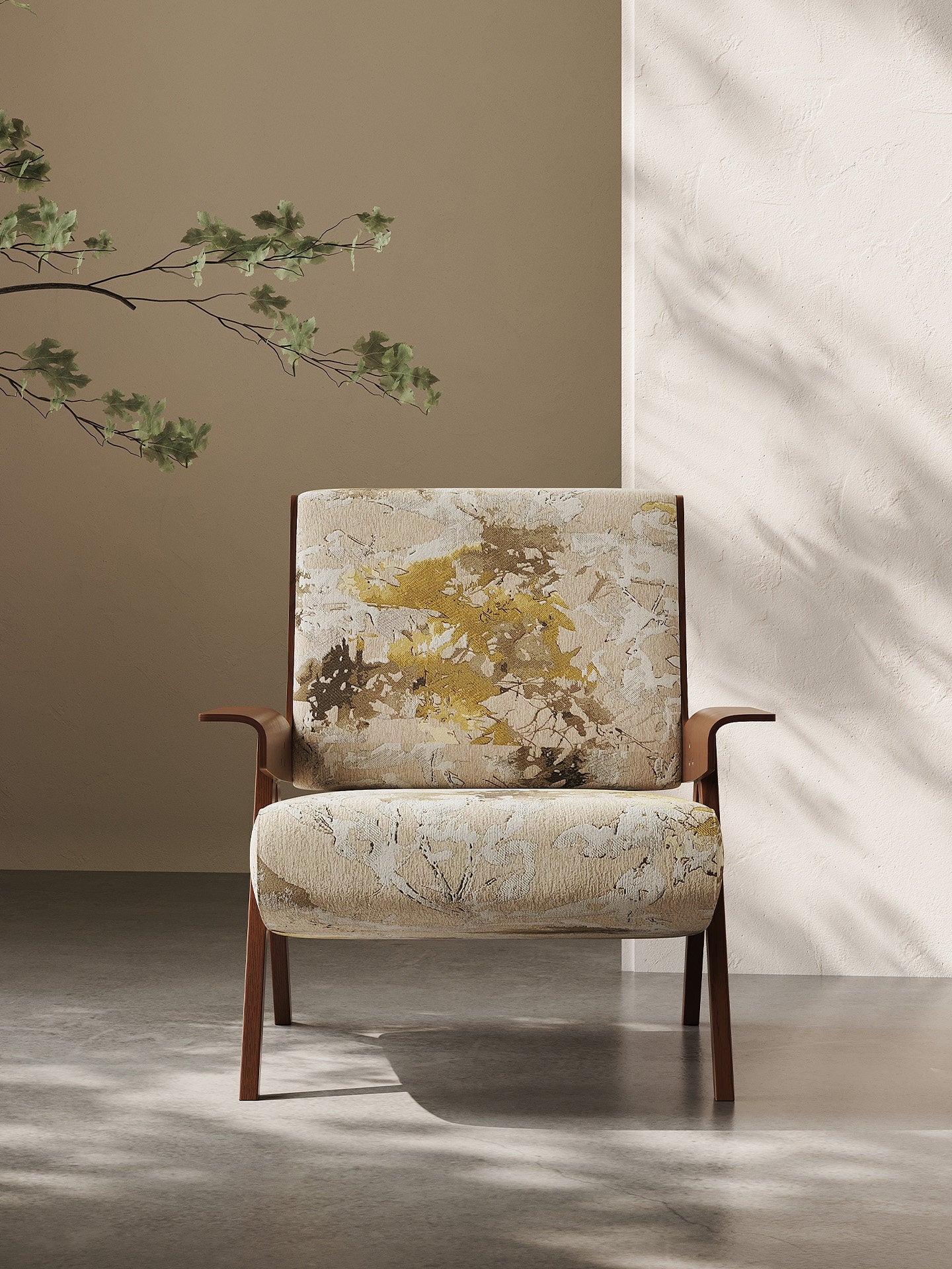 Curved Rattan Lounge Chair, Chenille Jacquard Upholstered Accent Chair with Wide Cushion, Natural Cane Frame Single Sofa Chair for Living Room, Bedroom, Balcony, Hotel, Cafe, and Reading Corner