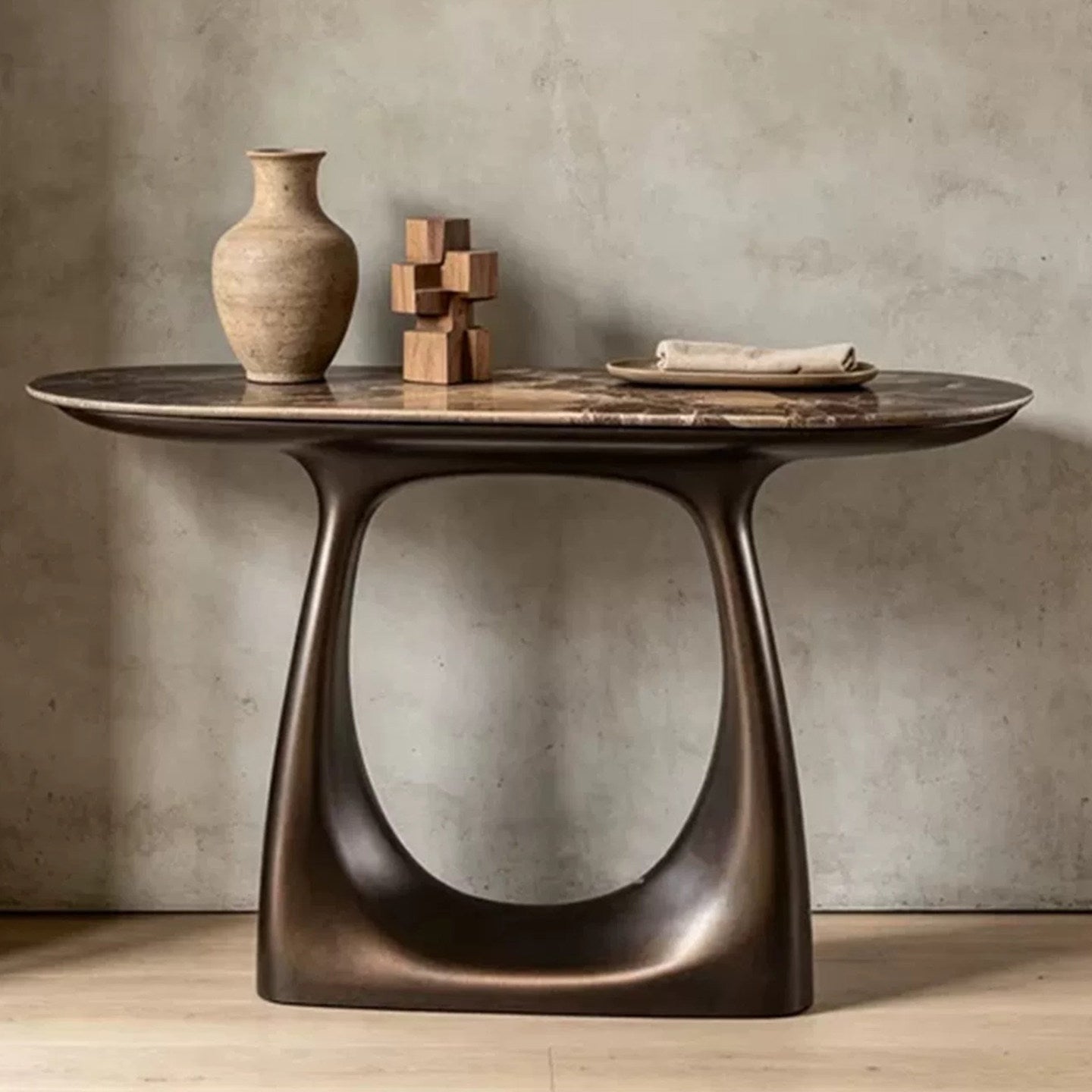 Brown Marble-Look Oval Console Table, Sculptural Bronze Fiberglass Entryway Table, Italian Minimalist Narrow Sofa Table for Foyer, Hallway, Living Room and Hotel Lobby