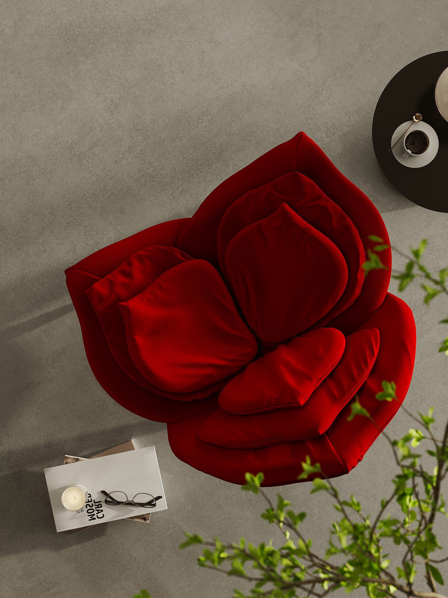 Red Flower Petal Accent Chair, Velvet Upholstered Sculptural Lounge Chair with High-Density Foam, Modern Floral Single Sofa Chair for Living Room, Bedroom, Vanity Corner, Reading Nook