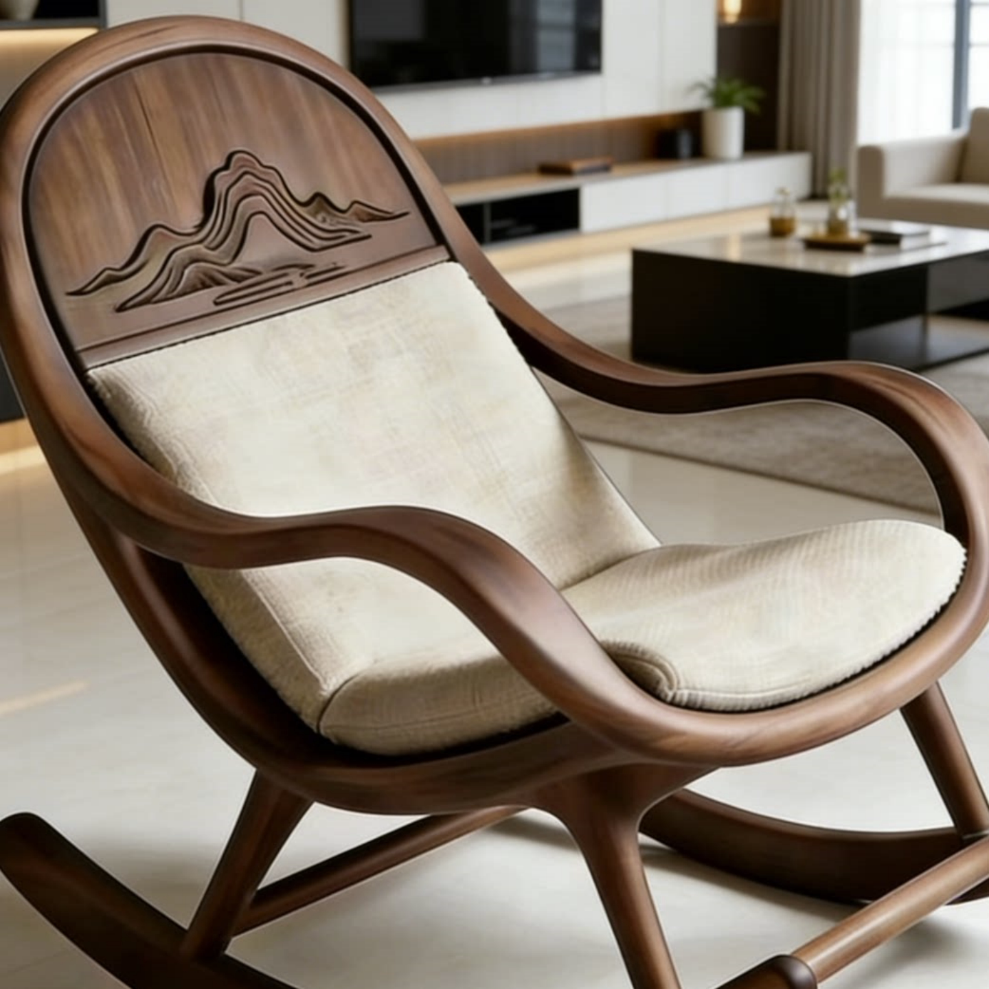 Solid Ash Wood Rocking Chair with Upholstered Cushion, Modern Walnut Finish Lounge Rocker, Ergonomic Accent Rocking Chair for Living Room, Bedroom, Nursery, Reading Nook &amp; Sunroom