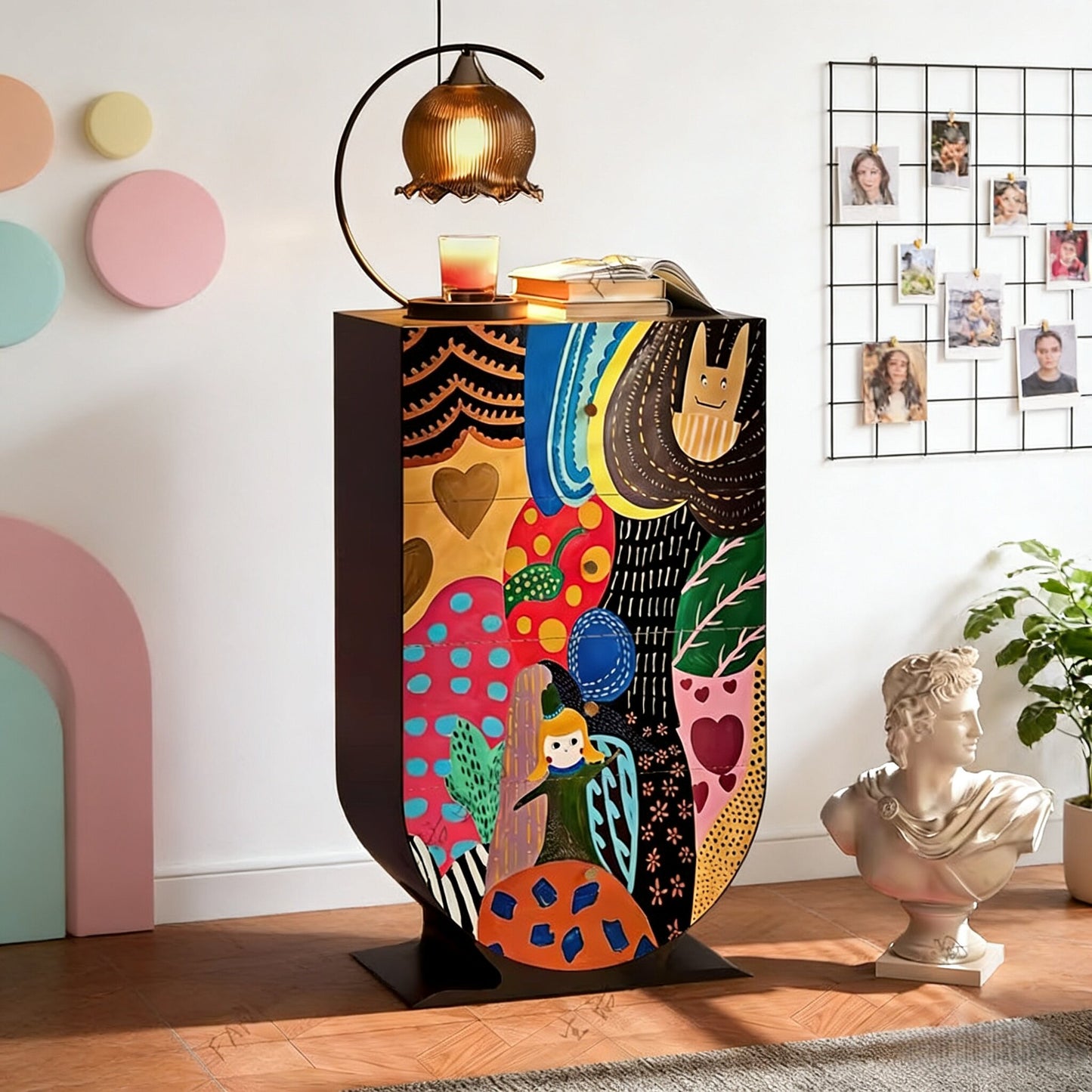 Colorful Painted 4 Drawer Accent Cabinet, Artistic Pine Wood Storage Chest, Modern Whimsical Entryway Cabinet for Kids Room, Bedroom, Living Room, Hallway, Playroom