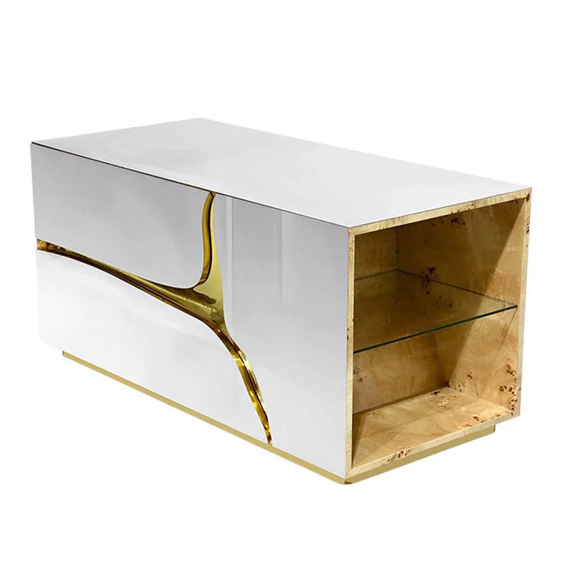 Silver Mirrored Nightstand with Gold Branch Accent for Bedroom
