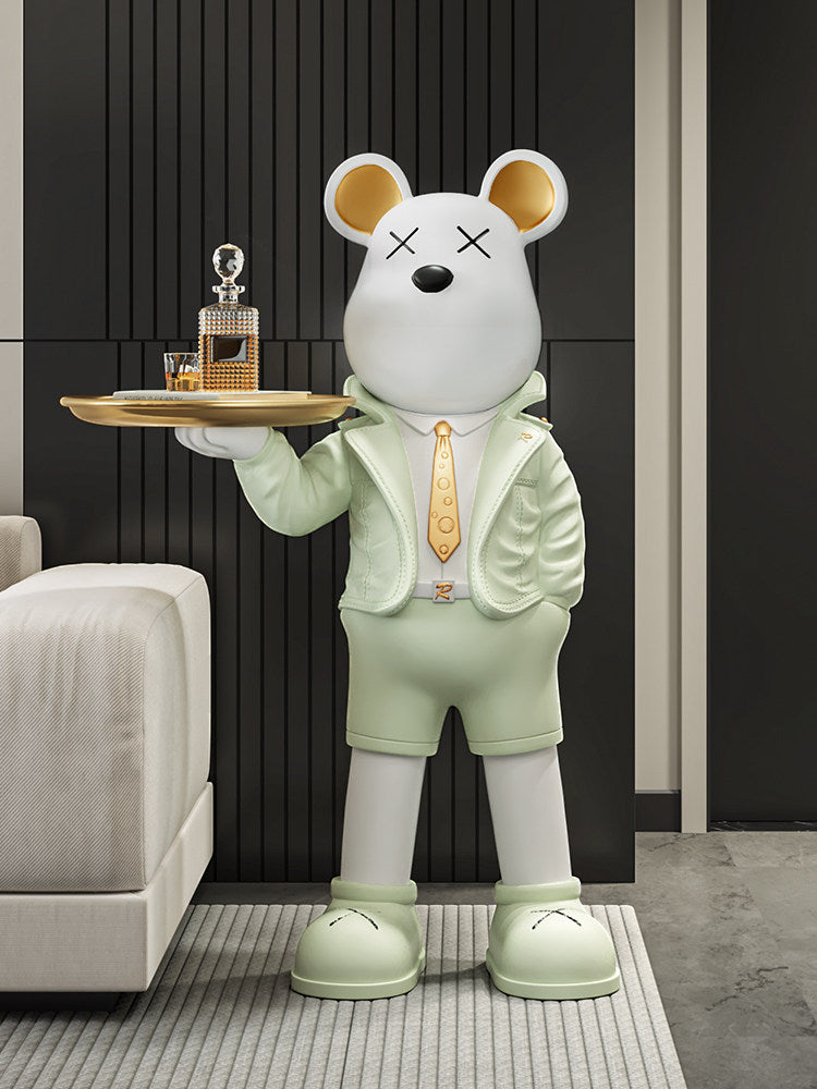 Modern Mouse Butler Statue with Serving Tray, Large Freestanding Decorative Figure for Living Room, Entryway, Office, Bedroom and TV Console, Mint Green