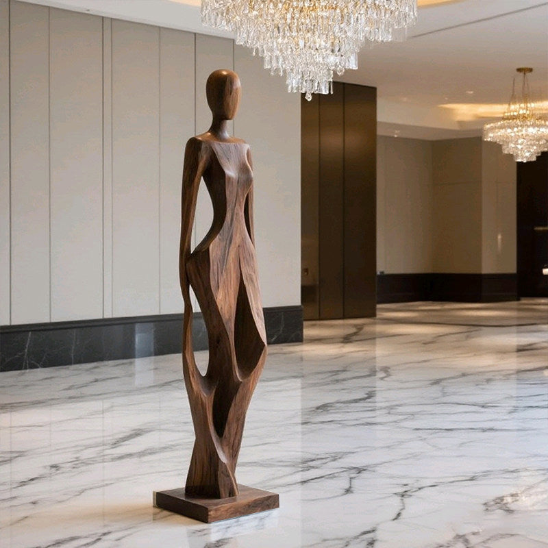 Large Abstract Female Wood Floor Sculpture, Tall Hand Carved Figurative Statue, Brown Wooden Art Decor for Hotel Lobby, Villa, Clubhouse, Entryway, Living Room and Gallery