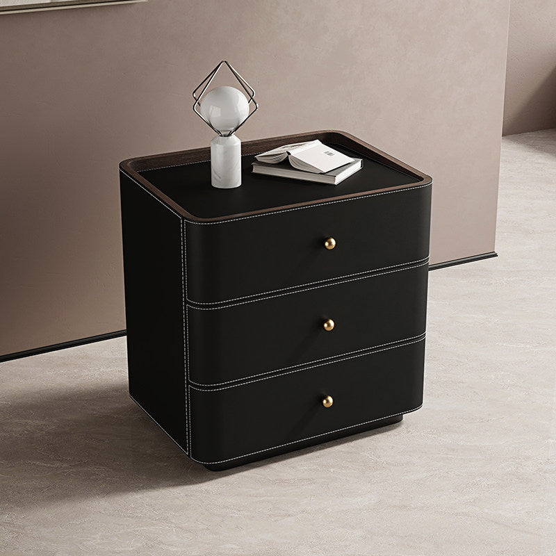 Black Leather Wrapped Nightstand, 3 Drawer Bedside Table with Solid Wood Frame and Gold Knobs for Bedroom, Living Room and Storage