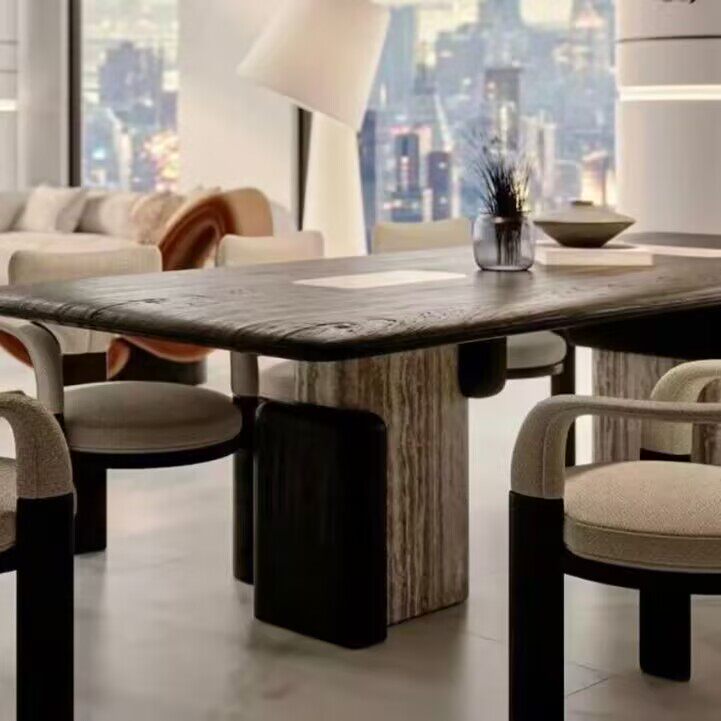 Black Rectangular Dining Table, 71 Inch Wood Dining Table with Stone Accent Base, Modern Wabi Sabi Kitchen Table for Dining Room, Restaurant, Apartment, Breakfast Area