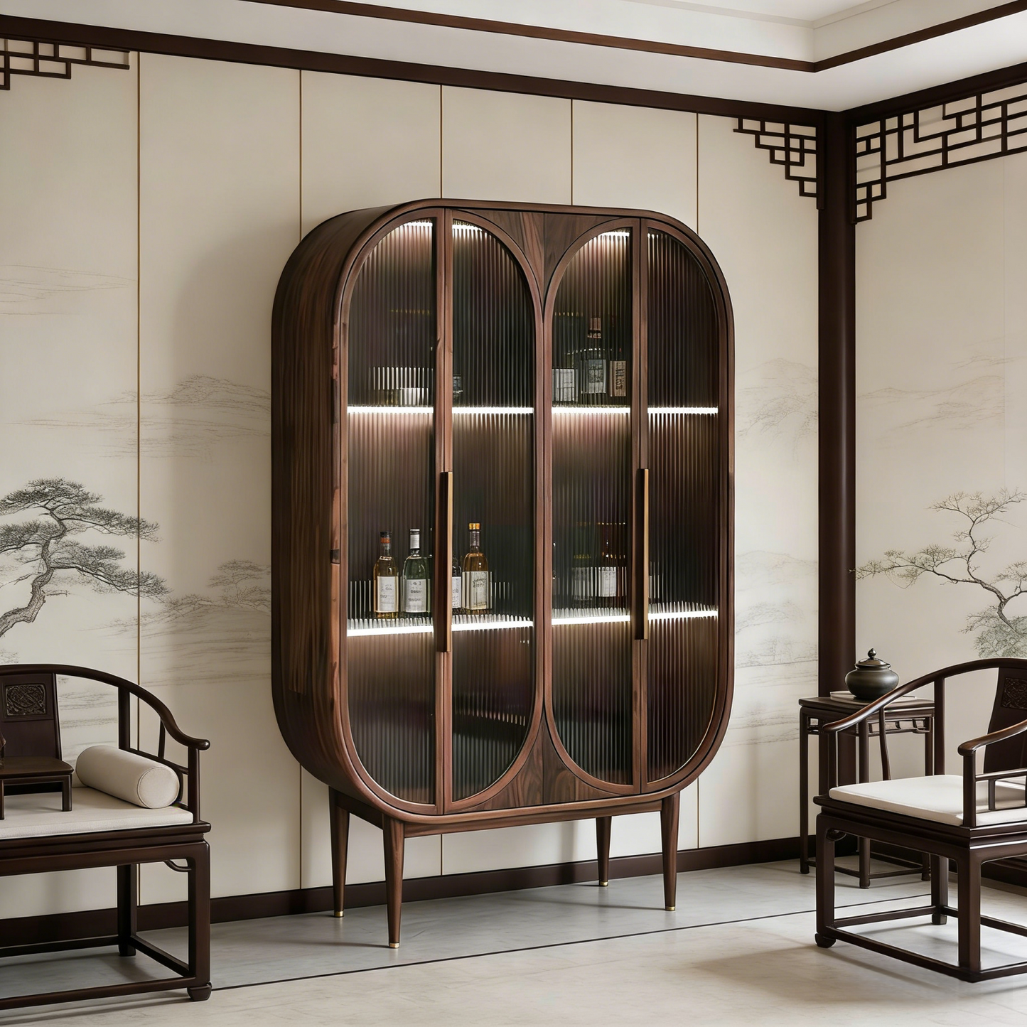 Ash Wood Liquor Cabinet with Fluted Glass Doors and LED Display Shelves