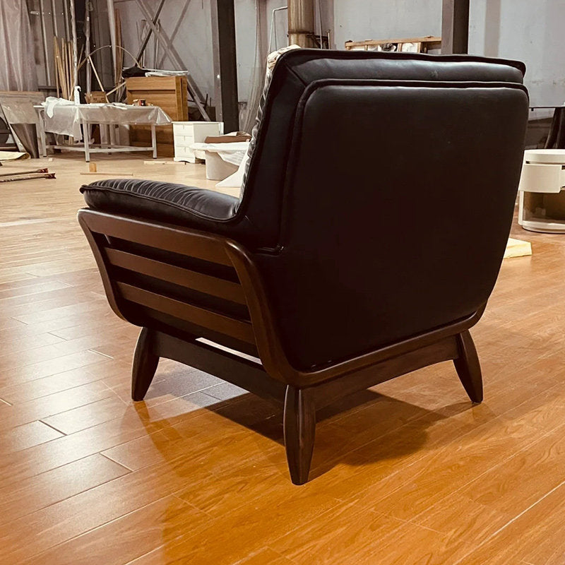 Dark Brown Leather Accent Chair with Black Walnut Wood Frame