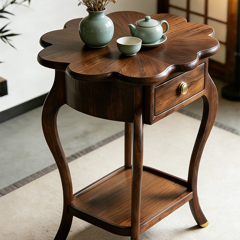 Ash Wood Flower Side Table with Drawer and Lower Shelf
