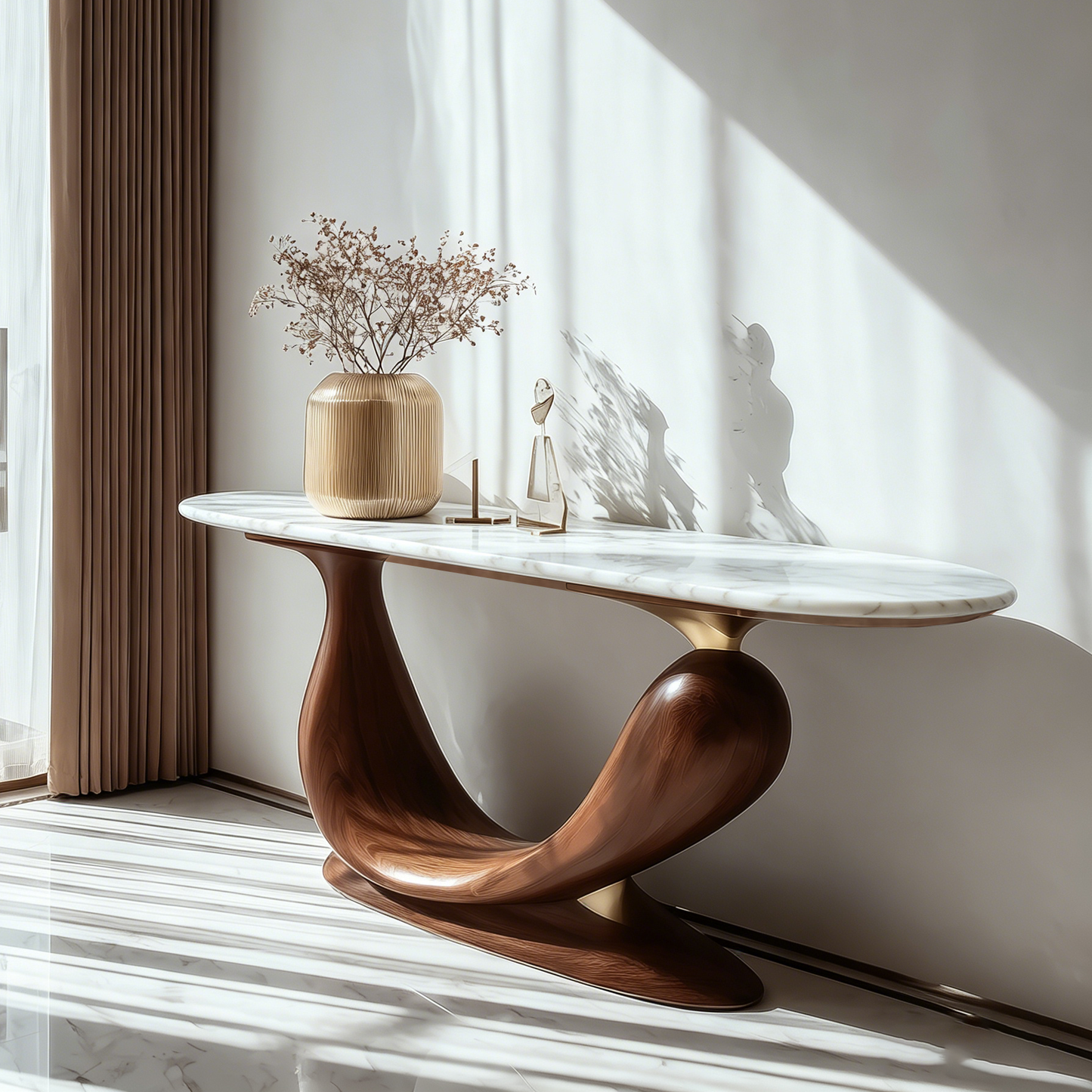 Modern Console Table with Stone Top, Sculptural Wood Entryway Table for Foyer