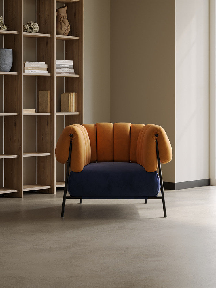 Orange Velvet and Blue Velvet Accent Armchair with Channel Tufted Wraparound Back, Carbon Steel Frame, Modern Retro Lounge Chair for Living Room, Bedroom, Balcony, Hotel and Reading Nook