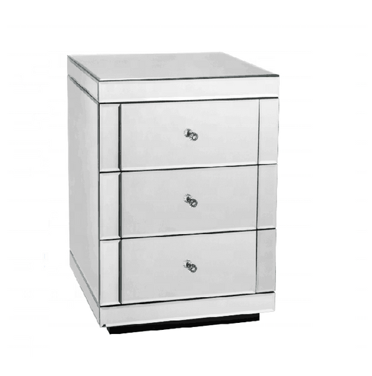 Silver Mirrored Nightstand with 3 Drawers and Crystal Inlay