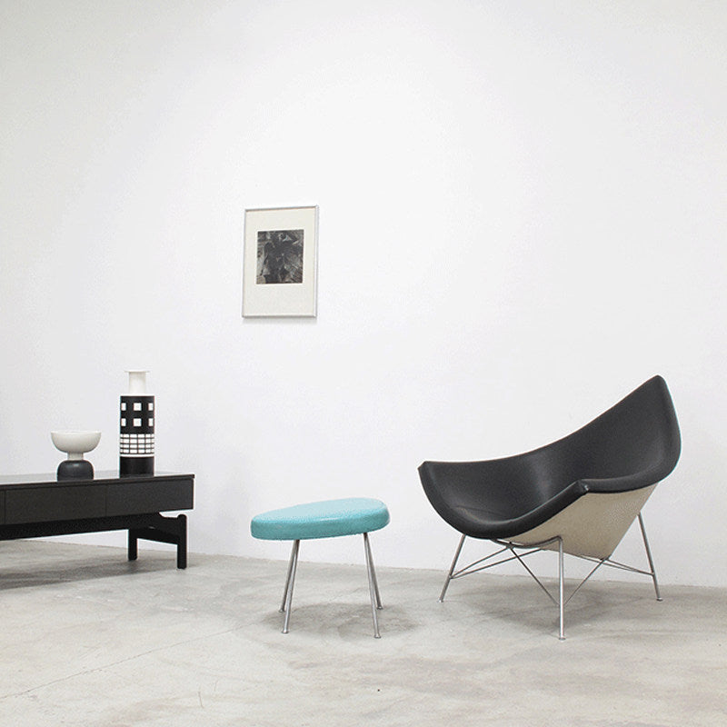 Black Faux Leather Sculptural Lounge Chair, Triangular Fiberglass Shell Accent Armchair with White Outer Back and Chrome Steel Frame for Living Room, Bedroom, Office and Reading Nook