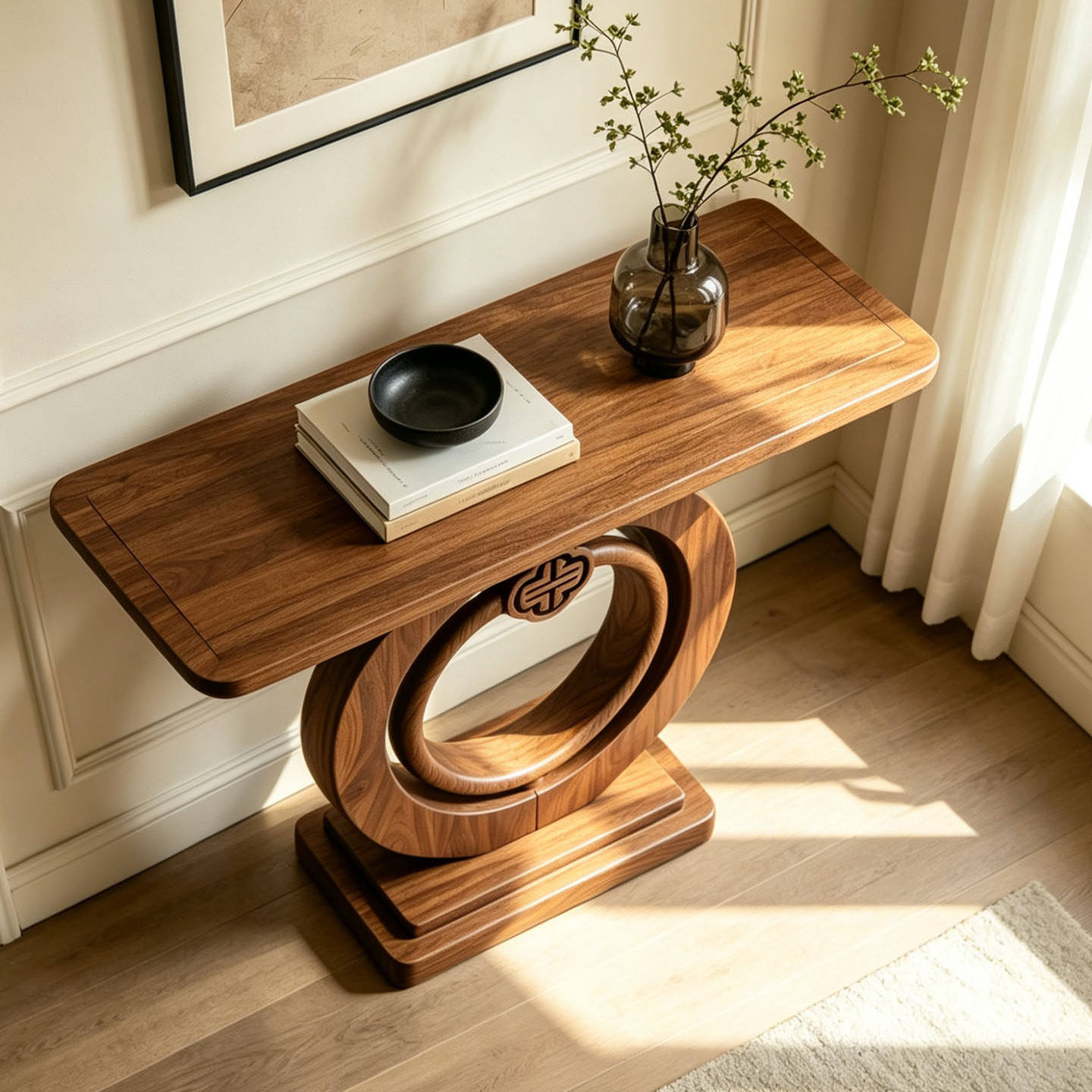 39-Inch Solid Ash Wood Console Table with Double Ring Pedestal