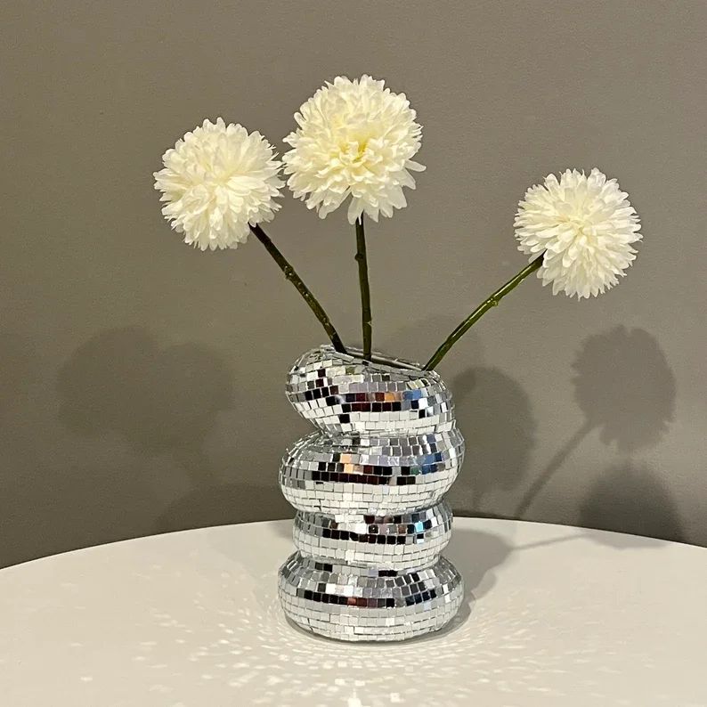 Silver Disco Ball Vase, Mirrored Mosaic Flower Pot Table Decor