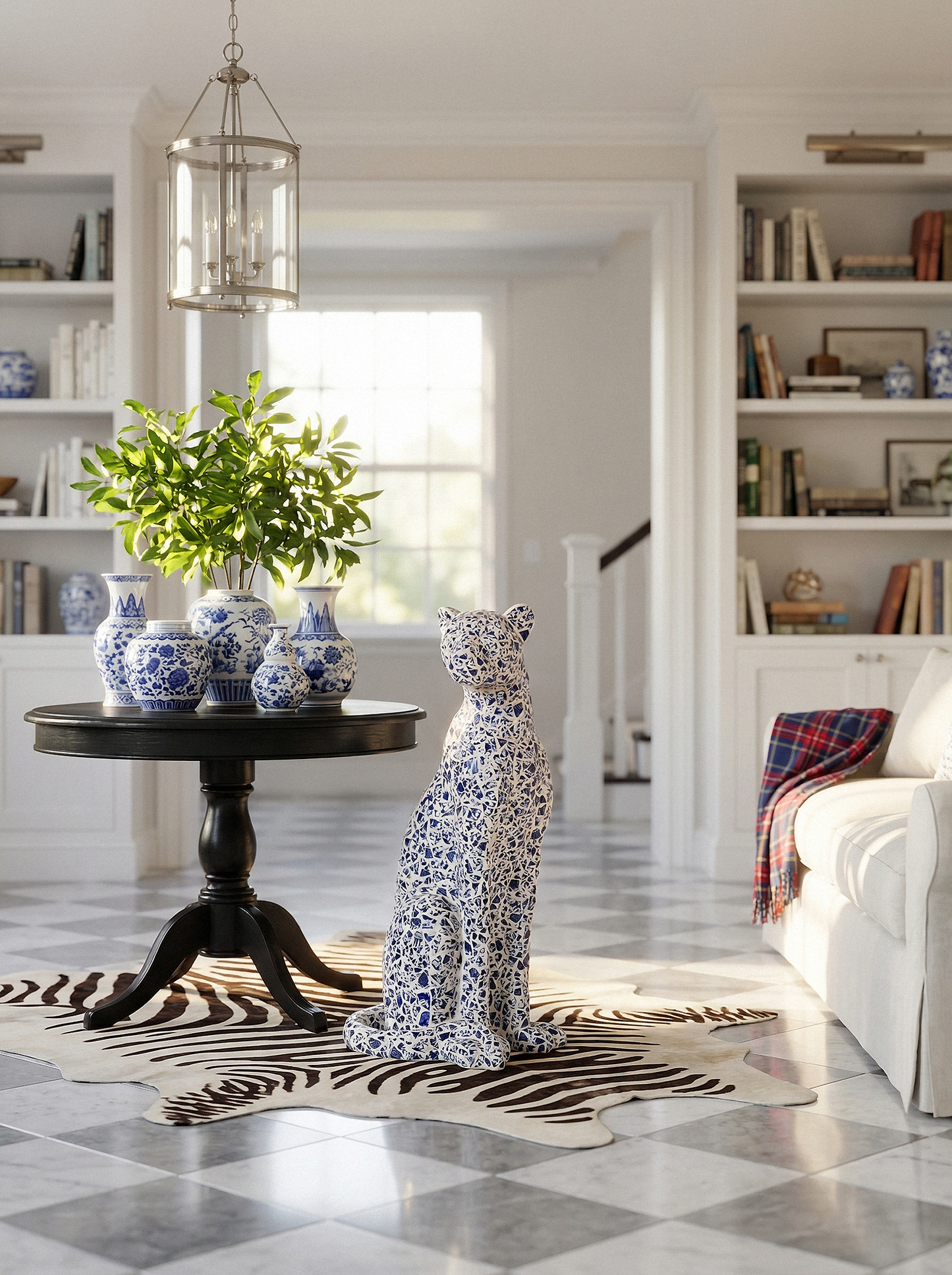 Blue and White Leopard Statue, Large Mosaic Animal Floor Sculpture, Modern Ceramic-Look Panther Decor for Entryway, Living Room, Office, Hallway, Luxury Home Accent Gift