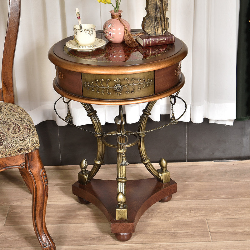 Round Wood Side Table with Glass Top, Drawer and Metal Base