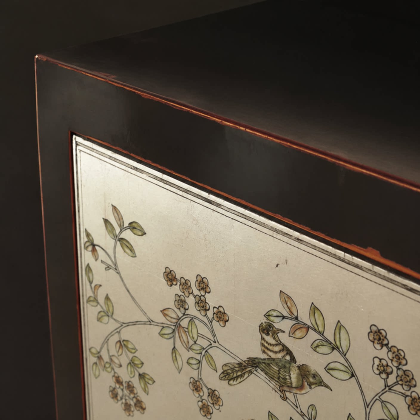 Black 2-Door Sideboard with Bird and Floral Painted Panels