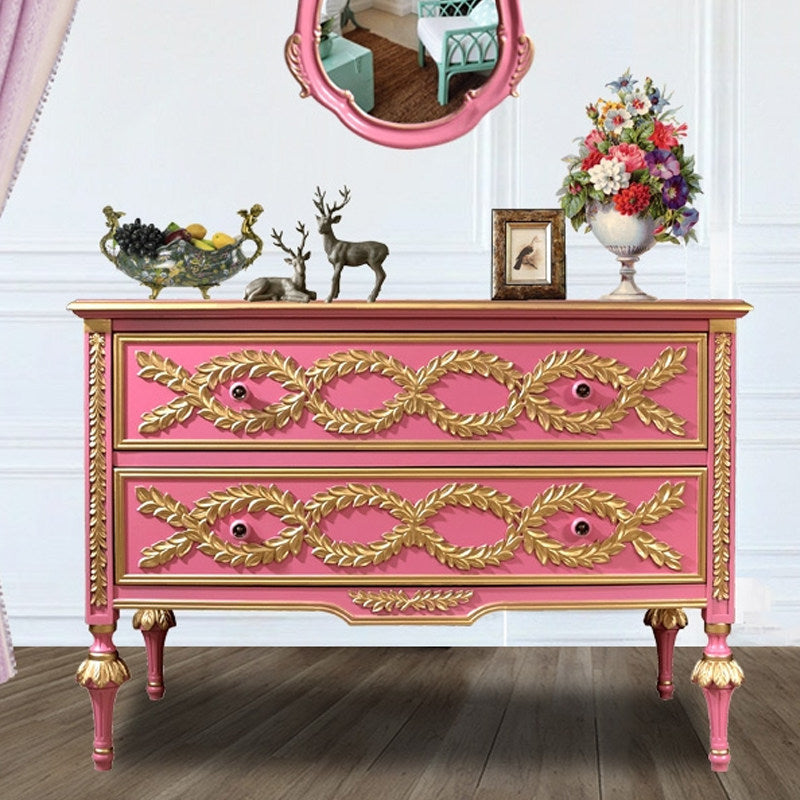 Pink Solid Wood Entryway Cabinet with 2 Drawers and Gold Trim