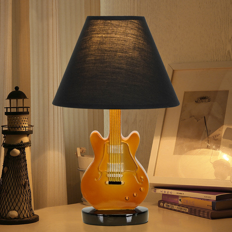 Guitar Table Lamp for Bedroom, Music Themed Bedside Lamp with Black Fabric Shade, Brown Guitar Base, Button Switch and US Plug for Kids Room, Nightstand, Hotel, Office and Studio Decor