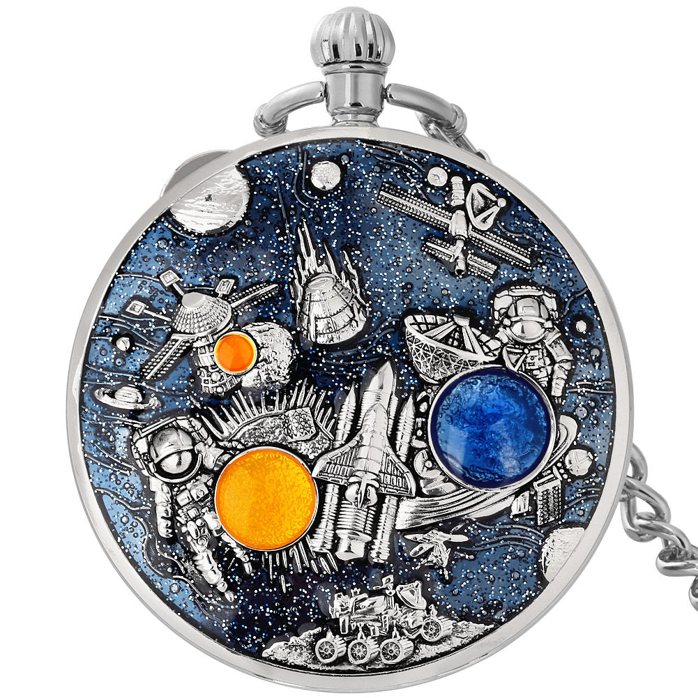 Silver Space Pocket Watch with Music Box, Quartz Pocket Watch with Blue Enamel Astronaut and Space Station Design, Vintage Pendant Watch with Chain for Men, Women, Collectors, Gift