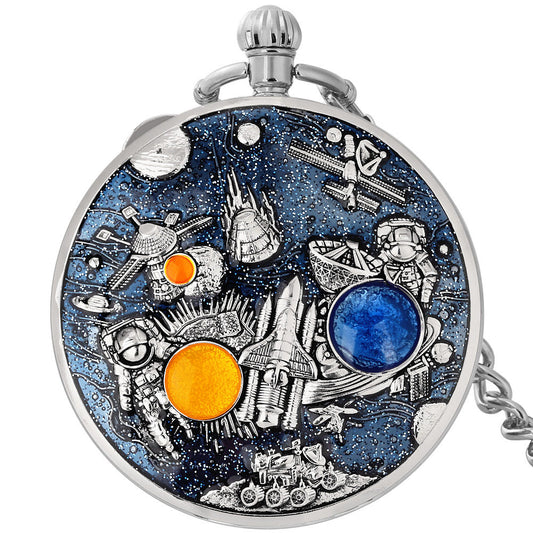 Silver Space Pocket Watch with Music Box, Quartz Pocket Watch with Blue Enamel Astronaut and Space Station Design, Vintage Pendant Watch with Chain for Men, Women, Collectors, Gift