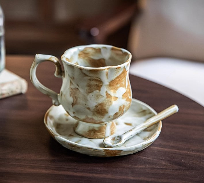 Vintage Stoneware Coffee Mug Set with Saucer and Spoon, 12 oz Rustic Ceramic Latte Cup for Espresso, Cappuccino, Tea, Hot Chocolate and Everyday Use