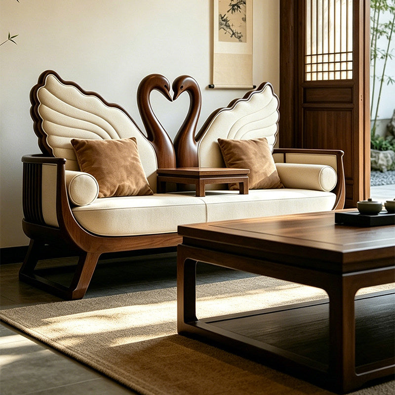 Ash Wood Swan Loveseat Sofa with Integrated Center Table, Upholstered 2 Seat Living Room Sofa, Luxury Accent Couch for Living Room, Office, Hotel &amp; Reception