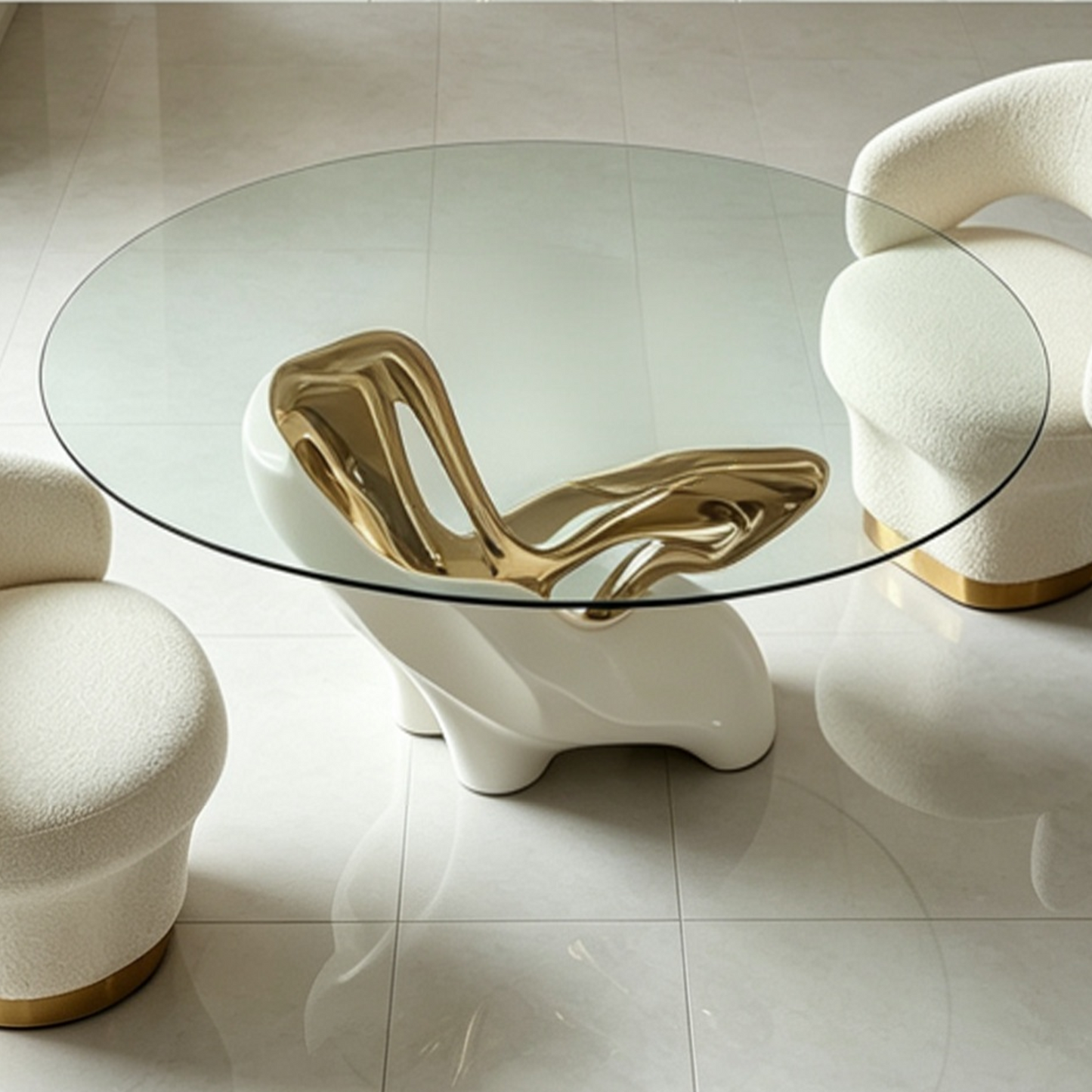 Round Glass Dining Table, Luxury Modern Dining Room Table with Sculptural White and Gold Base, Artistic Glass Top Kitchen Table for Dining Room, Villa, Apartment, Breakfast Area
