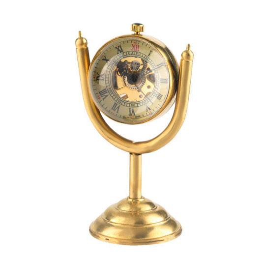 Vintage Trophy Style Desk Clock, Gold Brass Finish Mechanical Pocket Watch Clock with Open Dial, Decorative Table Clock for Office Desk, Bookshelf, Study, Living Room, Shelf Decor Gift