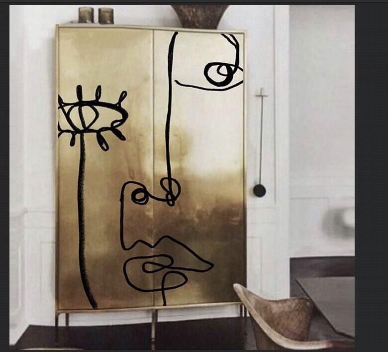 Tall 2 Door Storage Cabinet, Gold Tone Accent Cabinet with Abstract Face Line Art, Modern Freestanding Display Cabinet for Living Room, Dining Room, Entryway and Home Bar