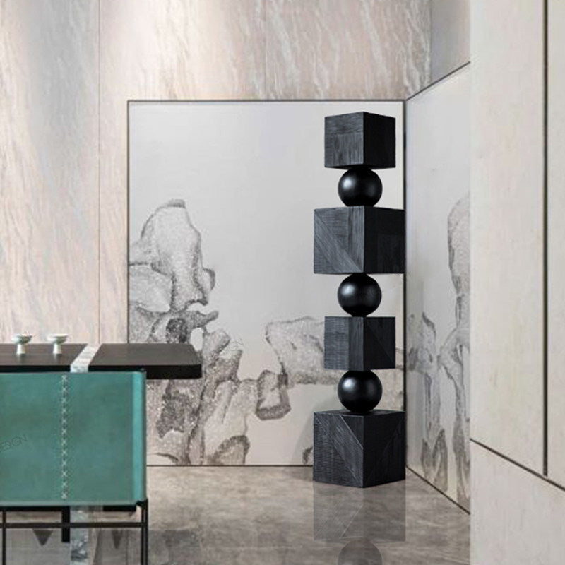 Black Geometric Wood Floor Sculpture, Tall Abstract Stacked Cube and Sphere Statue, Modern Carved Wooden Column Decor for Hotel Lobby, Entryway, Living Room, Office and Gallery