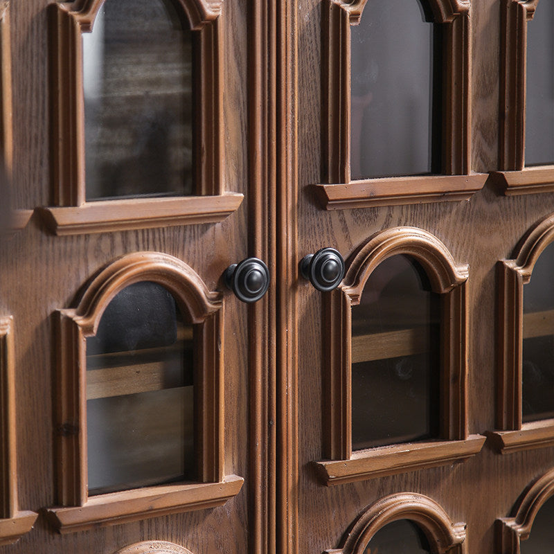 Walnut Brown 2-Door Accent Cabinet with Arched Window Panels