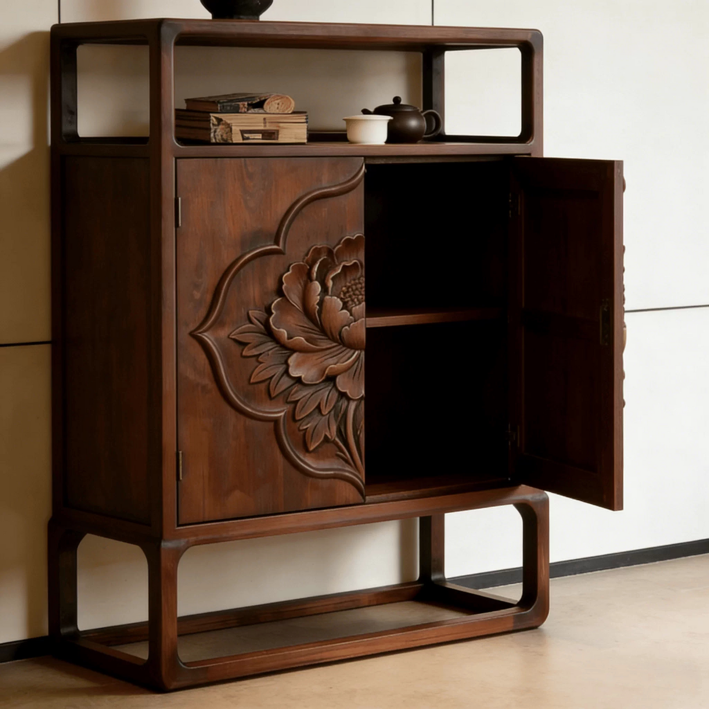 Solid Ash Wood Carved Entryway Storage Cabinet with Floral Doors, Modern Wooden Sideboard Buffet Cabinet with Open Display Shelf, Walnut Finish Accent Console Cabinet for Entryway, Dining Room, Living Room &amp; Hallway