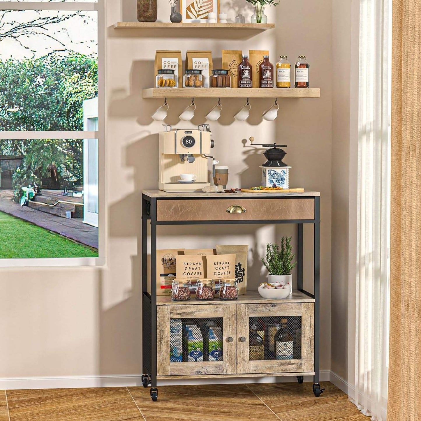 Rustic 3-Tier Rolling Coffee Cart with Drawer and Mesh Door Cabinet
