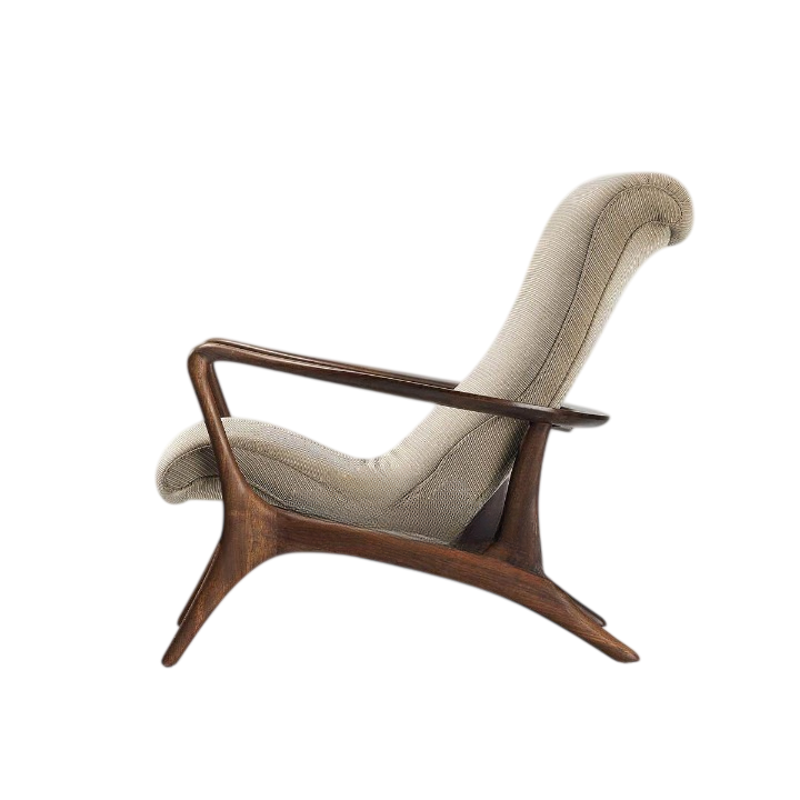 Modern Walnut Wood Lounge Chair, Curved High Back Accent Chair with Khaki Performance Fabric Upholstery, Italian Style Single Sofa Chair for Living Room, Bedroom, Balcony, Reading Nook and Small Spaces