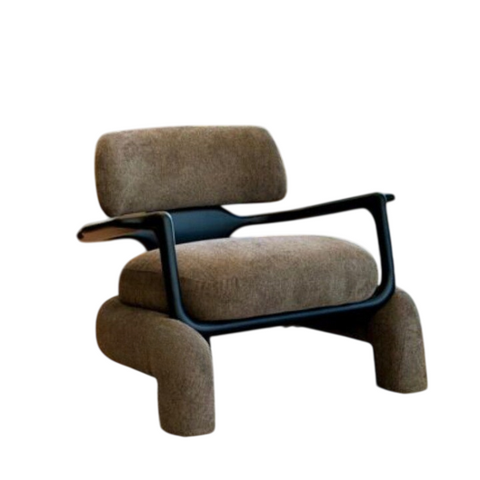 Nordic Modern Accent Chair, Brown Upholstered Lounge Armchair with Black Sculptural Frame, Low Profile Single Sofa Chair for Living Room, Bedroom, Hotel, Reading Nook and Reception Area