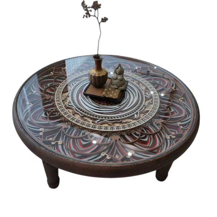 Round Carved Wood Coffee Table with Tempered Glass Top, Vintage Style Low Cocktail Table, Dunhuang Inspired Patterned Center Table with Solid Wood Legs for Living Room, Apartment, Lounge
