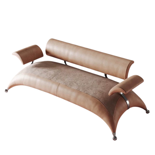 Modern Brown Leather Chaise Lounge Sofa, 2 Seater Upholstered Settee with Curved Metal Frame, Italian Luxury Accent Lounge Chair for Living Room, Bedroom, Hotel Lobby