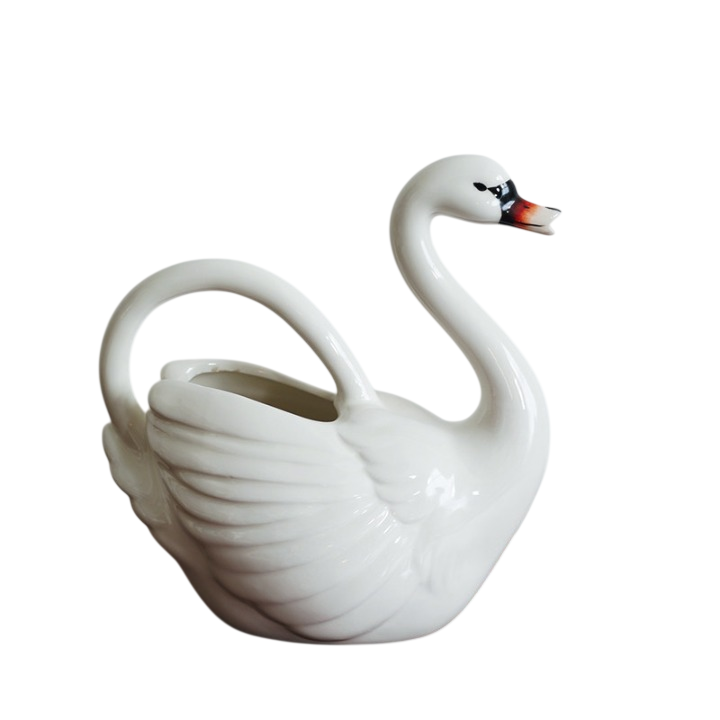 White Ceramic Swan Vase Pitcher, 40.6 oz Decorative Flower Holder with Handle