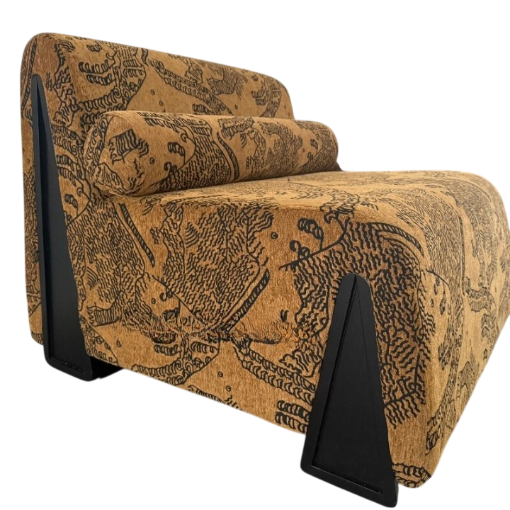 Pyramid Style Lounge Chair, Tiger Pattern Upholstered Accent Chair with Bolster Pillow and Black Side Supports, Wide Single Sofa Chair for Living Room, Bedroom, Reading Nook, Hotel, Lounge and Balcony