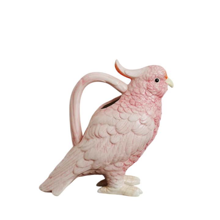Pink Ceramic Parrot Pitcher, Hand Painted Bird Water Jug, 11.8 Inch Decor