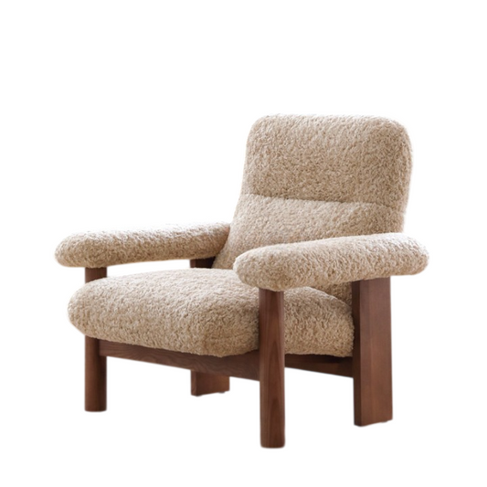 Cream Boucle Lounge Chair, Wood Frame with Wide Padded Arms
