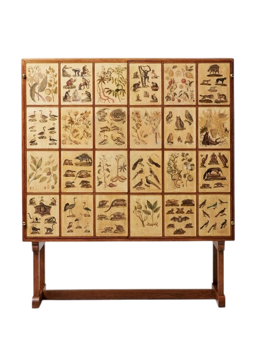 Painted Storage Cabinet with Botanical and Animal Art Panels, Vintage Wood Sideboard Cabinet, Tall Decorative Accent Cabinet, Living Room Display Cabinet, Dining Room Storage Cabinet