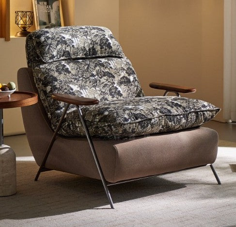 Floral Jacquard Accent Chair, Mid Century Lounge Chair with Wood Arms, Upholstered Single Sofa Chair for Living Room, Reading Nook, Bedroom and Lounge